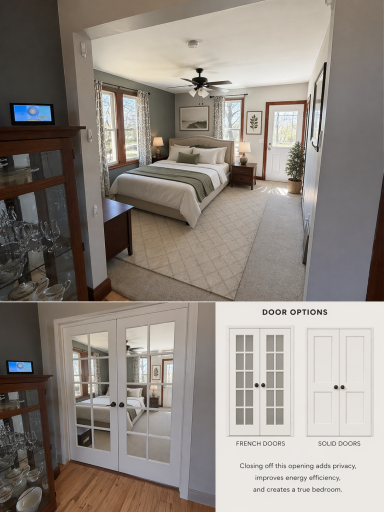 AI-generated image illustrating a potential layout change: converting the living room into a third bedroom and repurposing the sunroom as the main living room area.