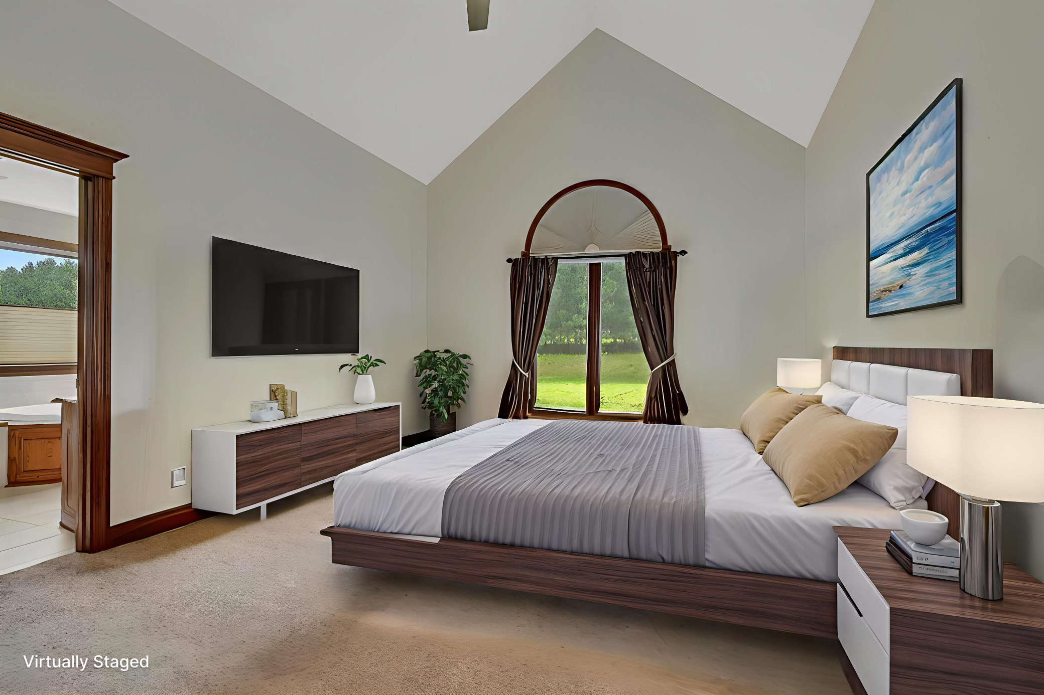 Owners suite with vaulted ceiling new fan/light fixture. Virtually staged