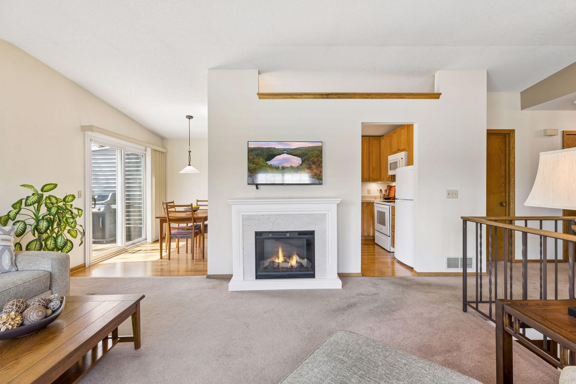 View into the dining and kitchen spaces