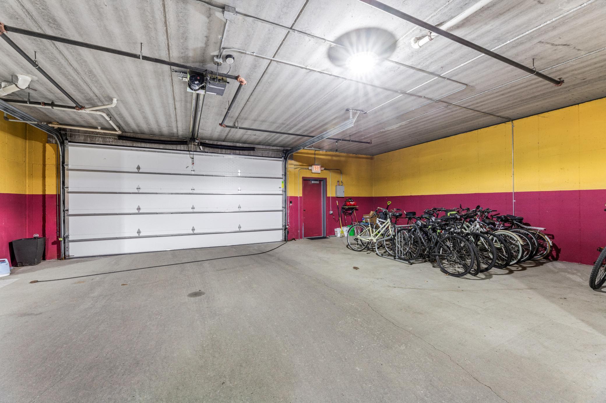 underground garage entry, exit and bike storage