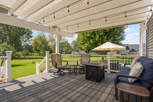 Gorgeous Trex deck with composite rails & pergola, right off the kitchen.