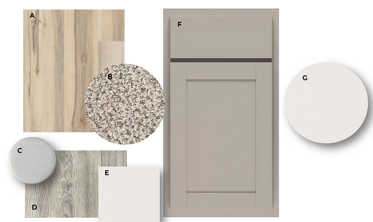 The included, designer inspired interior finish package for this home! Soothing gray cabinets, white quartz countertops throughout, LVP flooring and more!