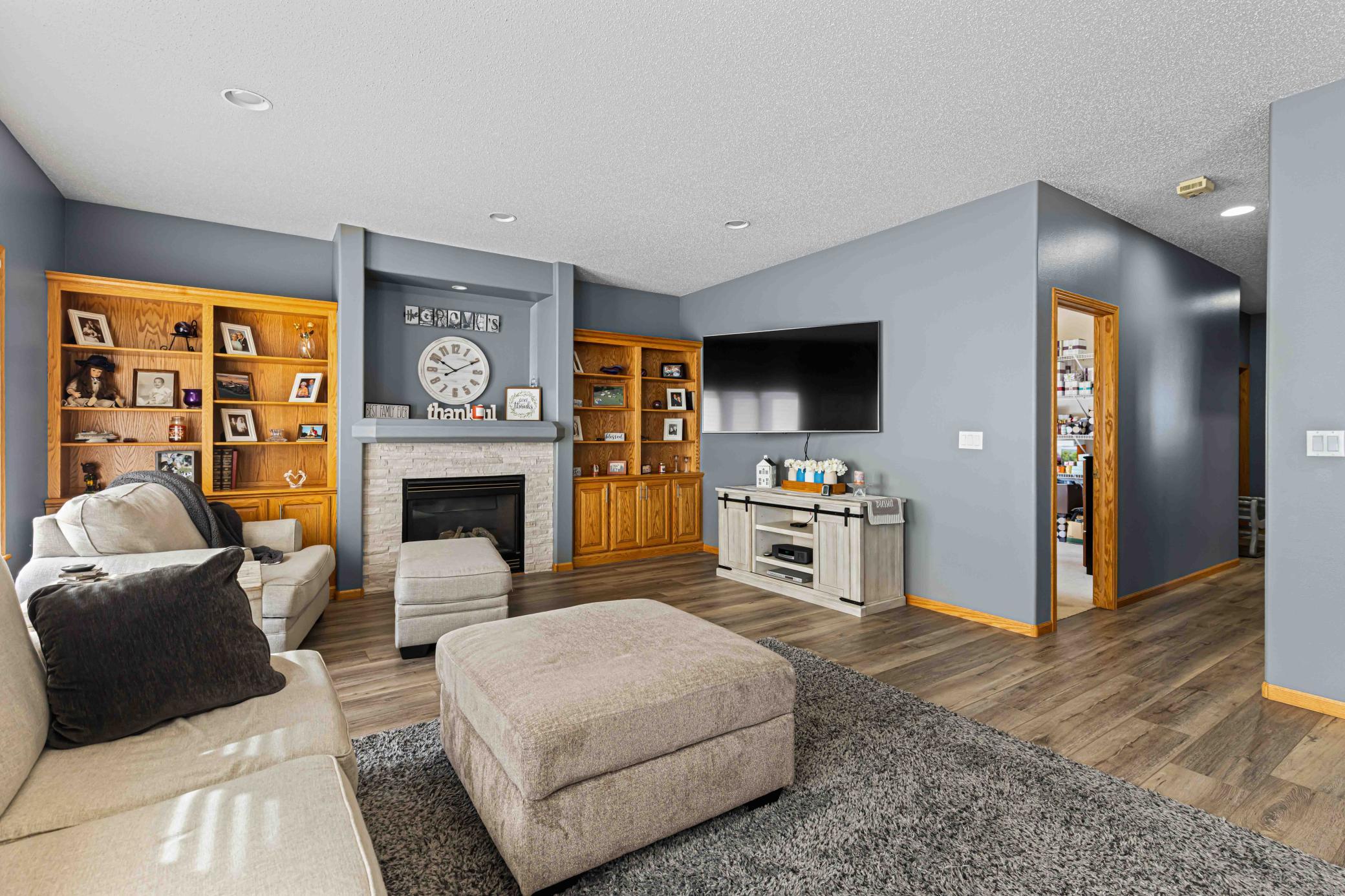 Great room with built in shelving