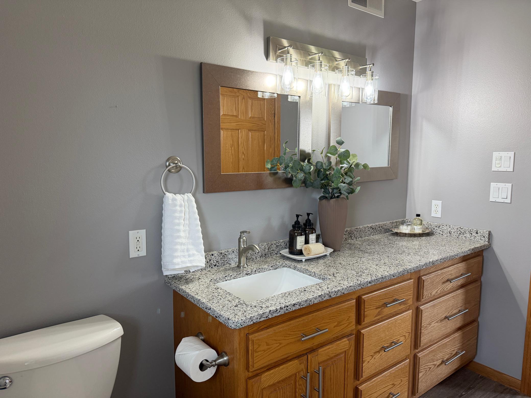 Full bathroom with quartz counter tops, luxury vinyl plank flooring,
