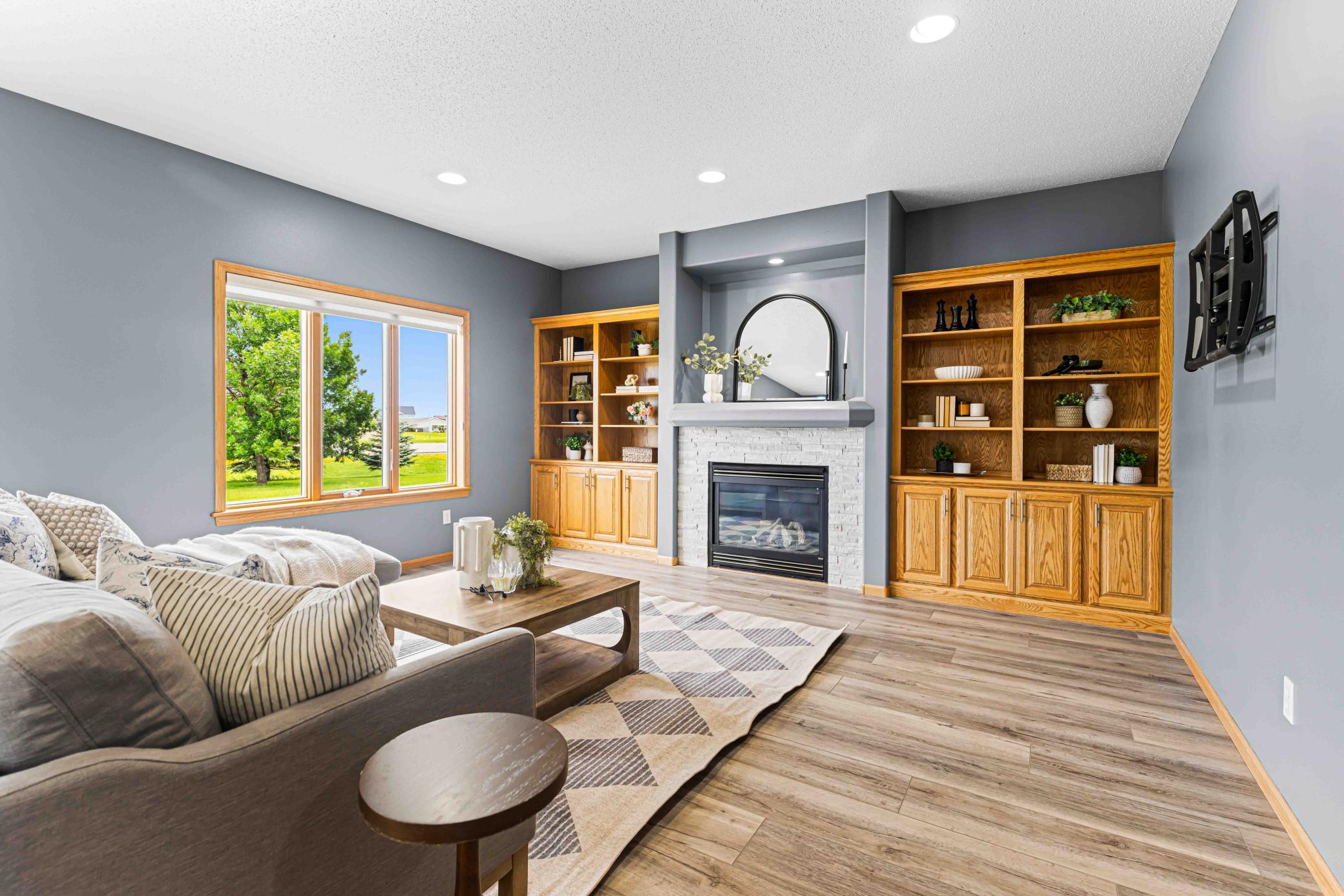 Great room with built in shelving