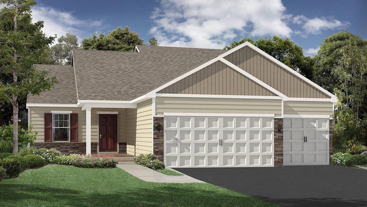 Artists Rendering of the Bryant II C-Heartland Cottage exterior with optional stone. Colors and options may vary. Ask Sales Agent for details.