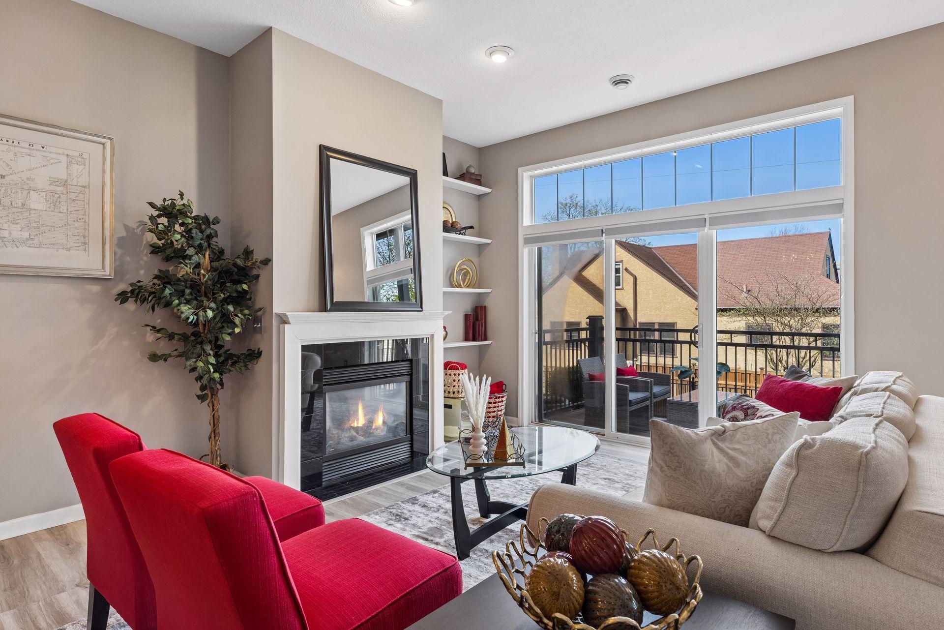 Gas Burning Fireplace and Built In Decorative Shelves