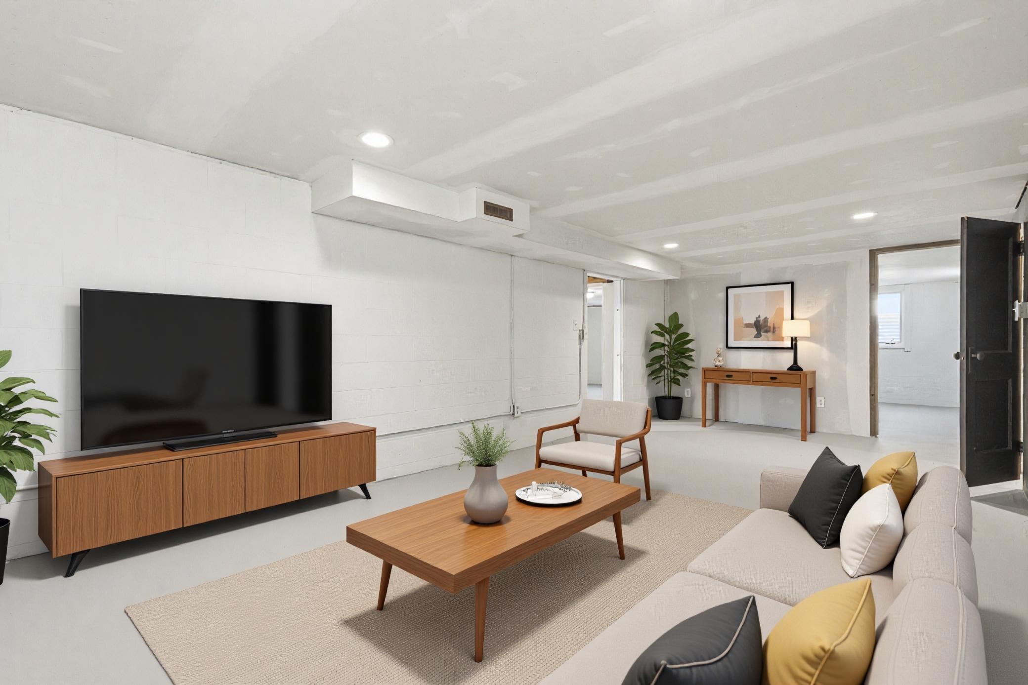 Virtually staged family room in the basement