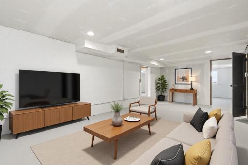 Virtually staged family room in the basement
