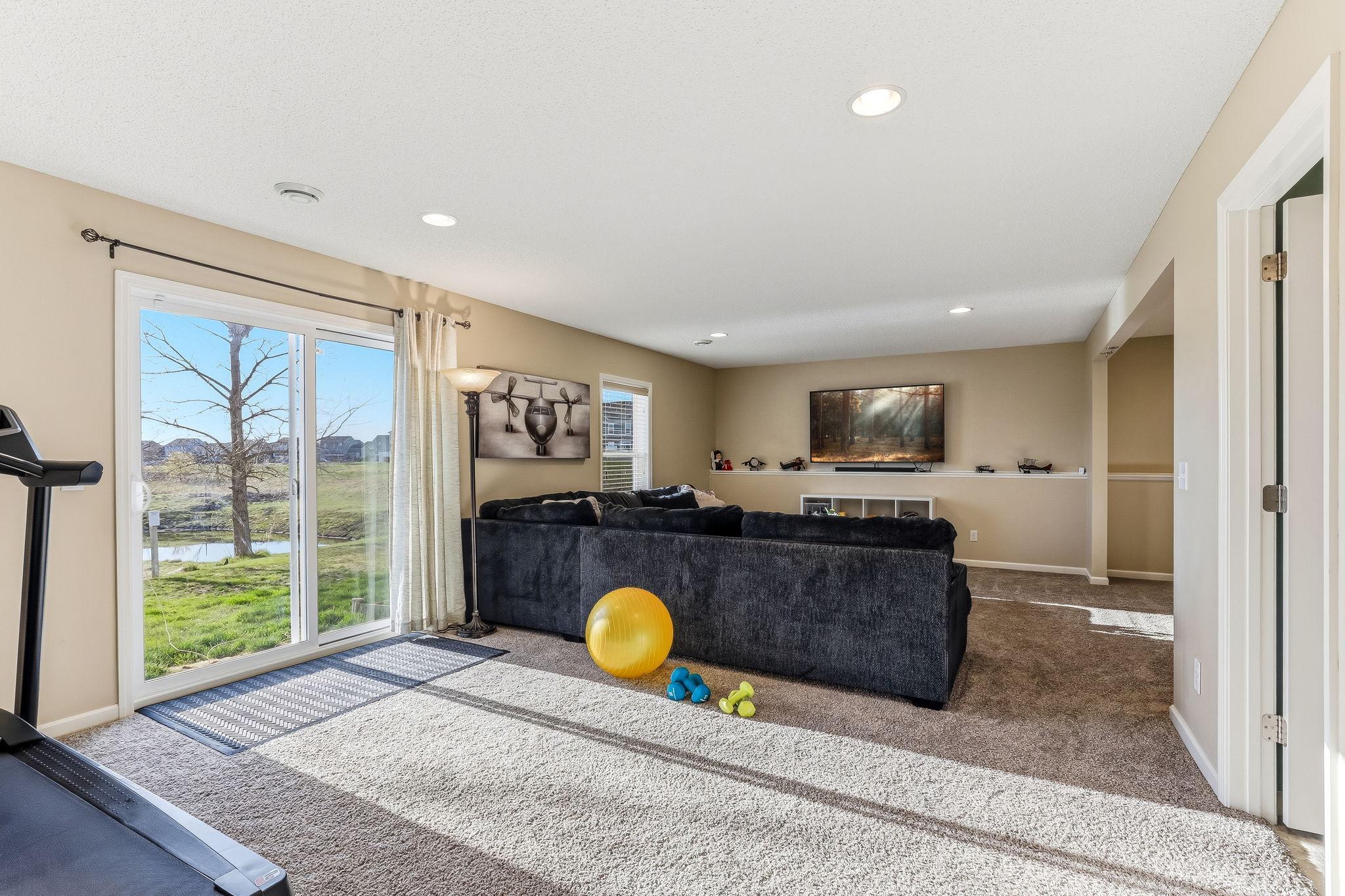 Spacious lower-level family room featuring a convenient walk-out to the outdoors, creating an easy indoor-outdoor connection.