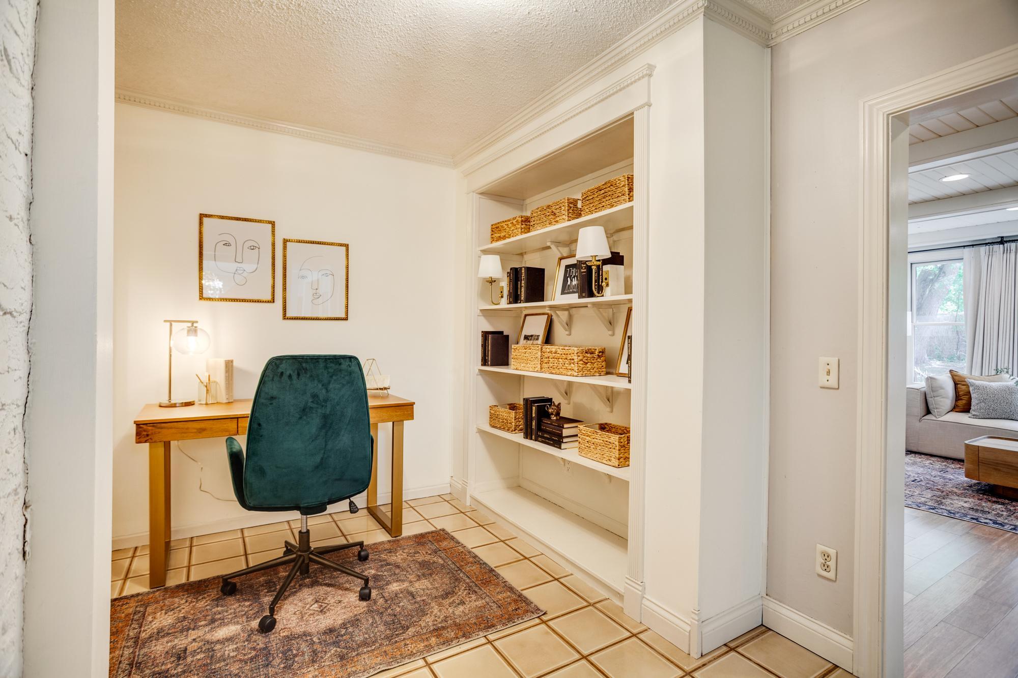 Main-level office with built-in shelves