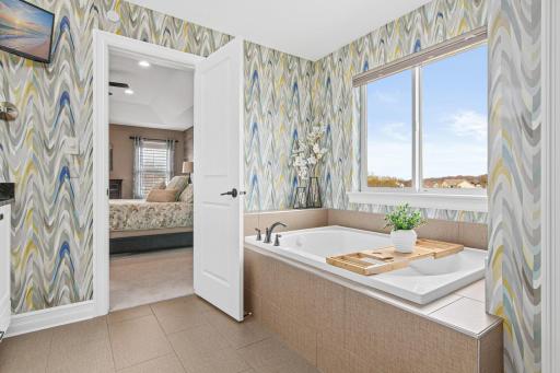 Spa-like private primary suite bathroom with nice soaking tub. "Calgon, take me away"!
