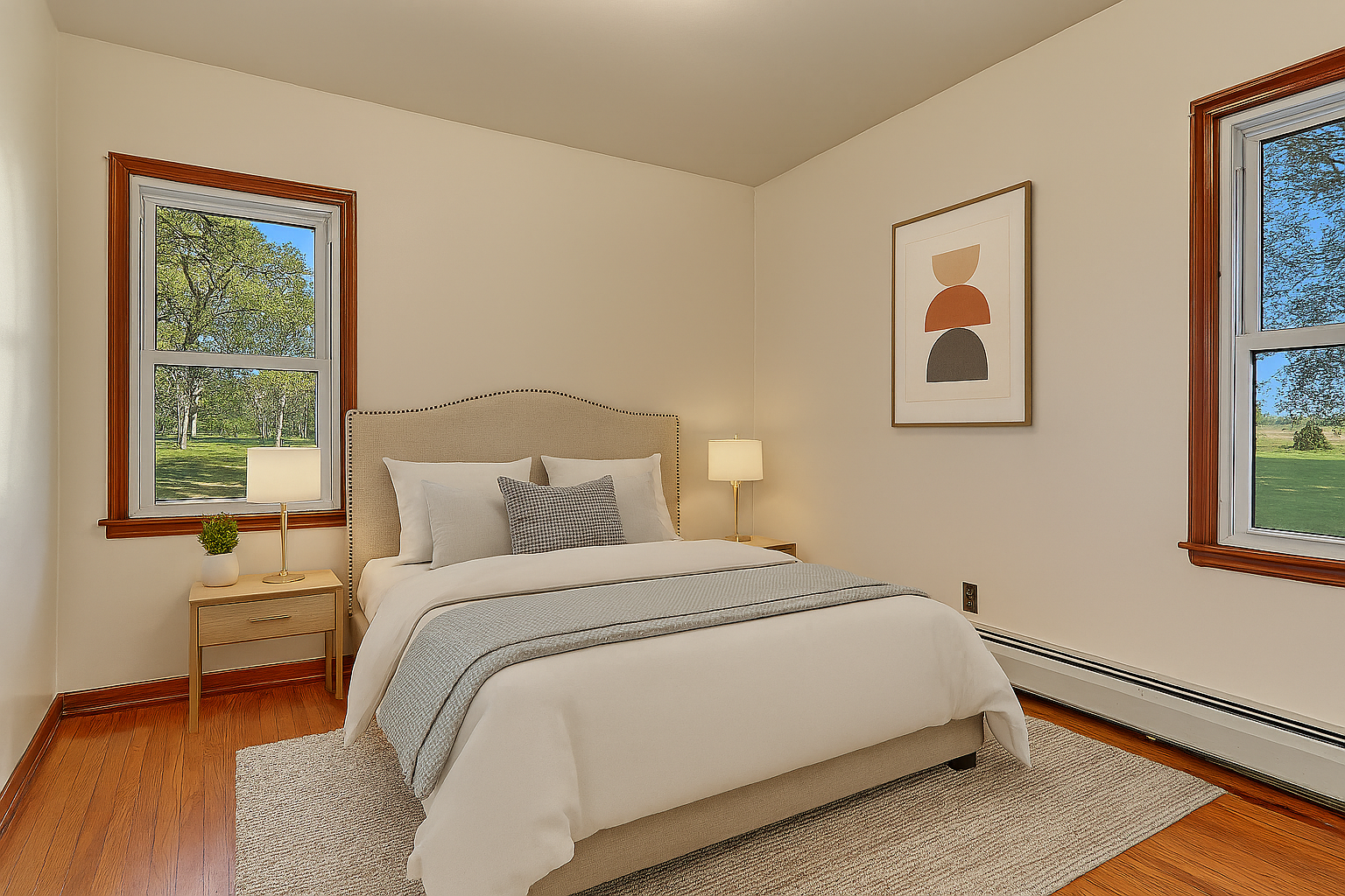 bedroom featuring beautiful hardwood floors and classic wood trim that adds warmth and character throughout the space. Virtually Staged