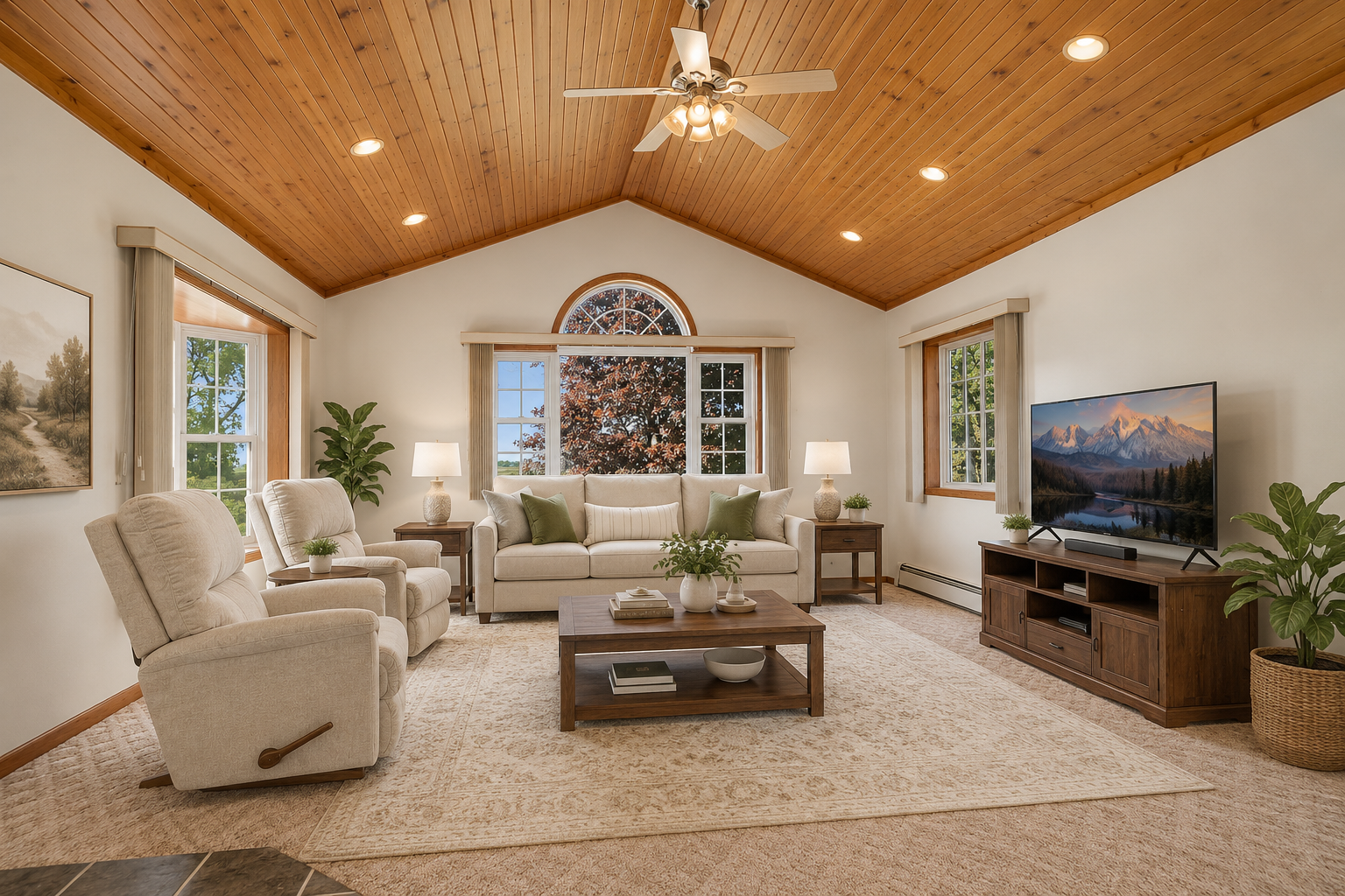 Spacious open concept Living room with vaulted tongue and groove ceiling with large windows showing amazing outdoor views. Virtually staged