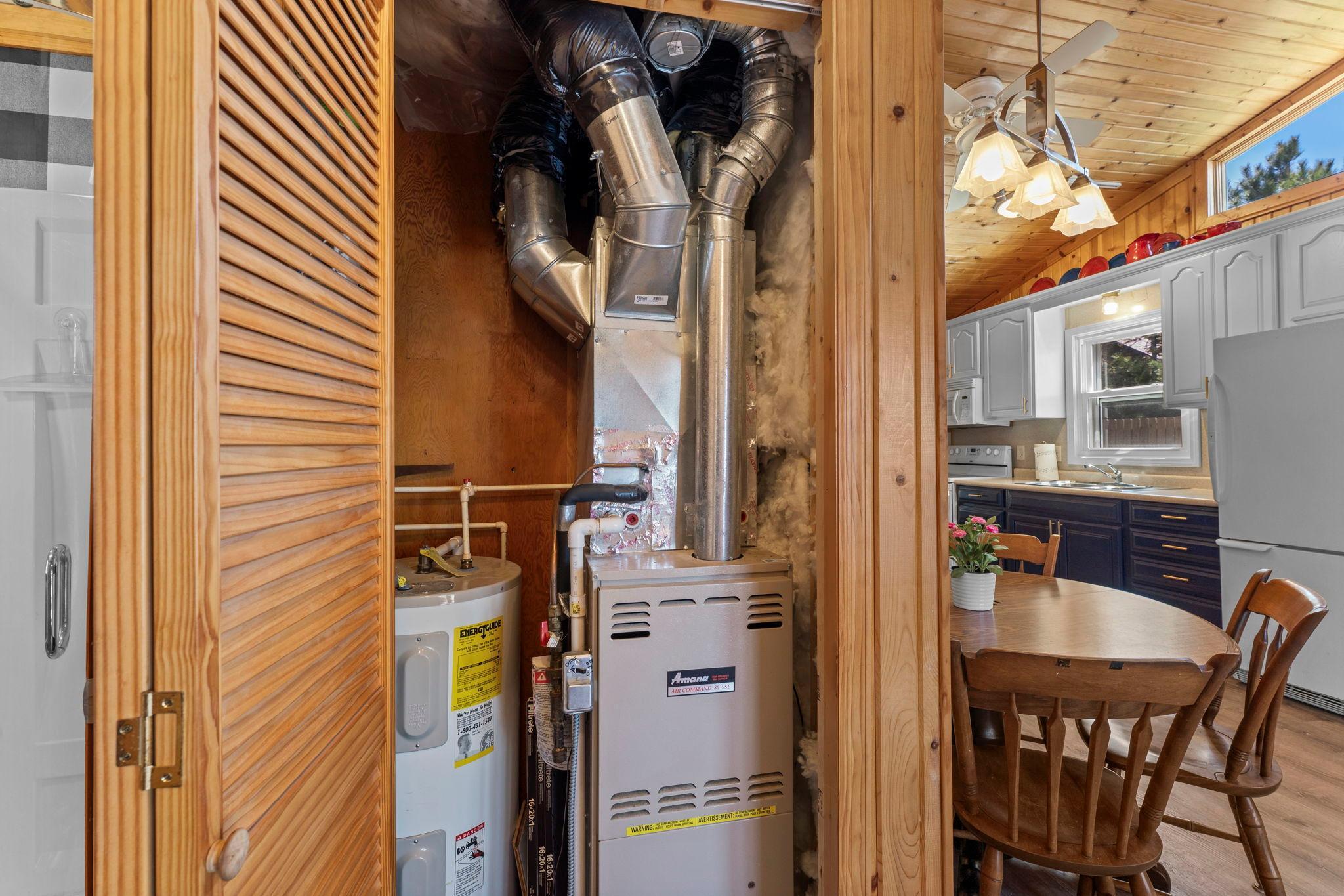 The utility closet with furnace, water heater and fiber optic internet.
