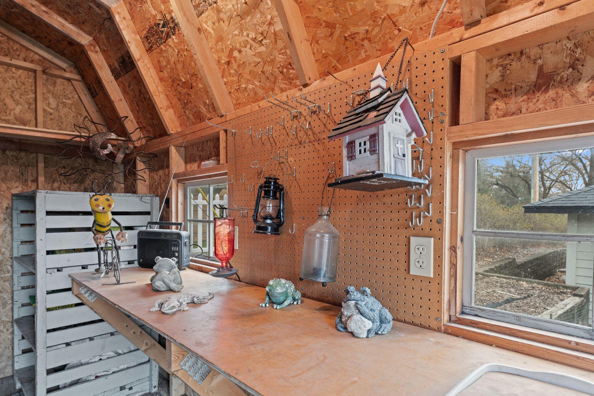 Workshop features full lighting and electrical outlets