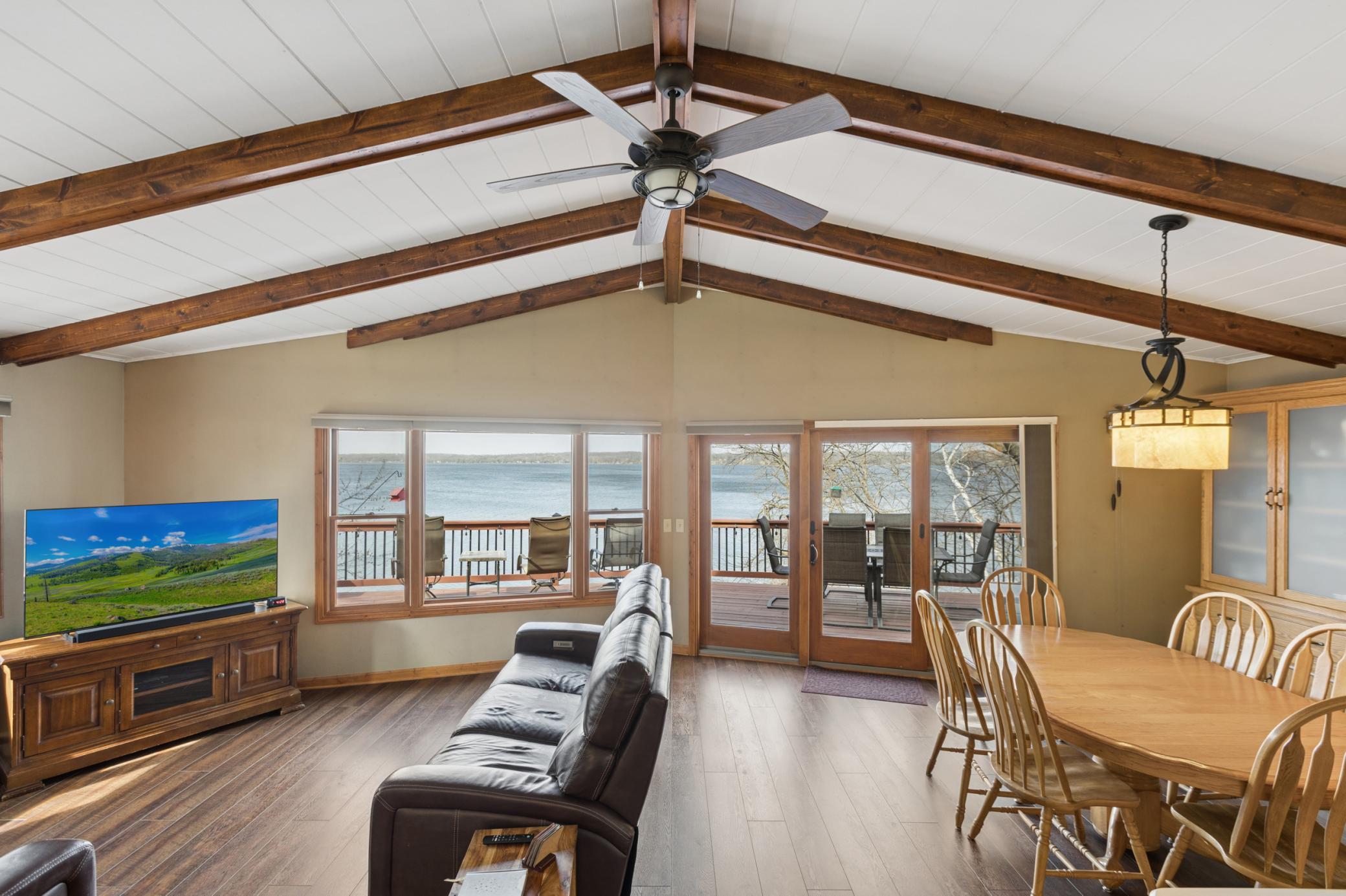 This home was designed with the lake in mind with the open living space looking out over Lake Koronis with panoramic views whether you are inside or out on the lakeside deck.