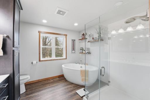 Master Bathroom with deep soaking tub and spacious walk in shower!