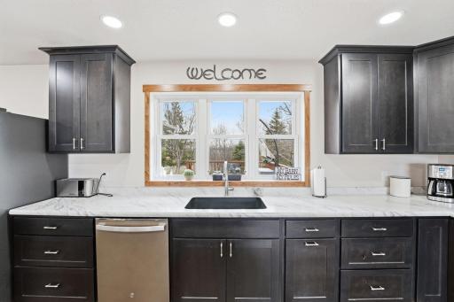 Deep kitchen sink with beautiful views to the deck