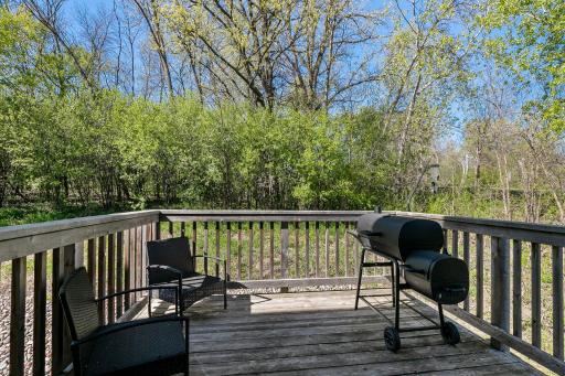 The deck also offers peaceful views of the wooded backdrop behind the property.