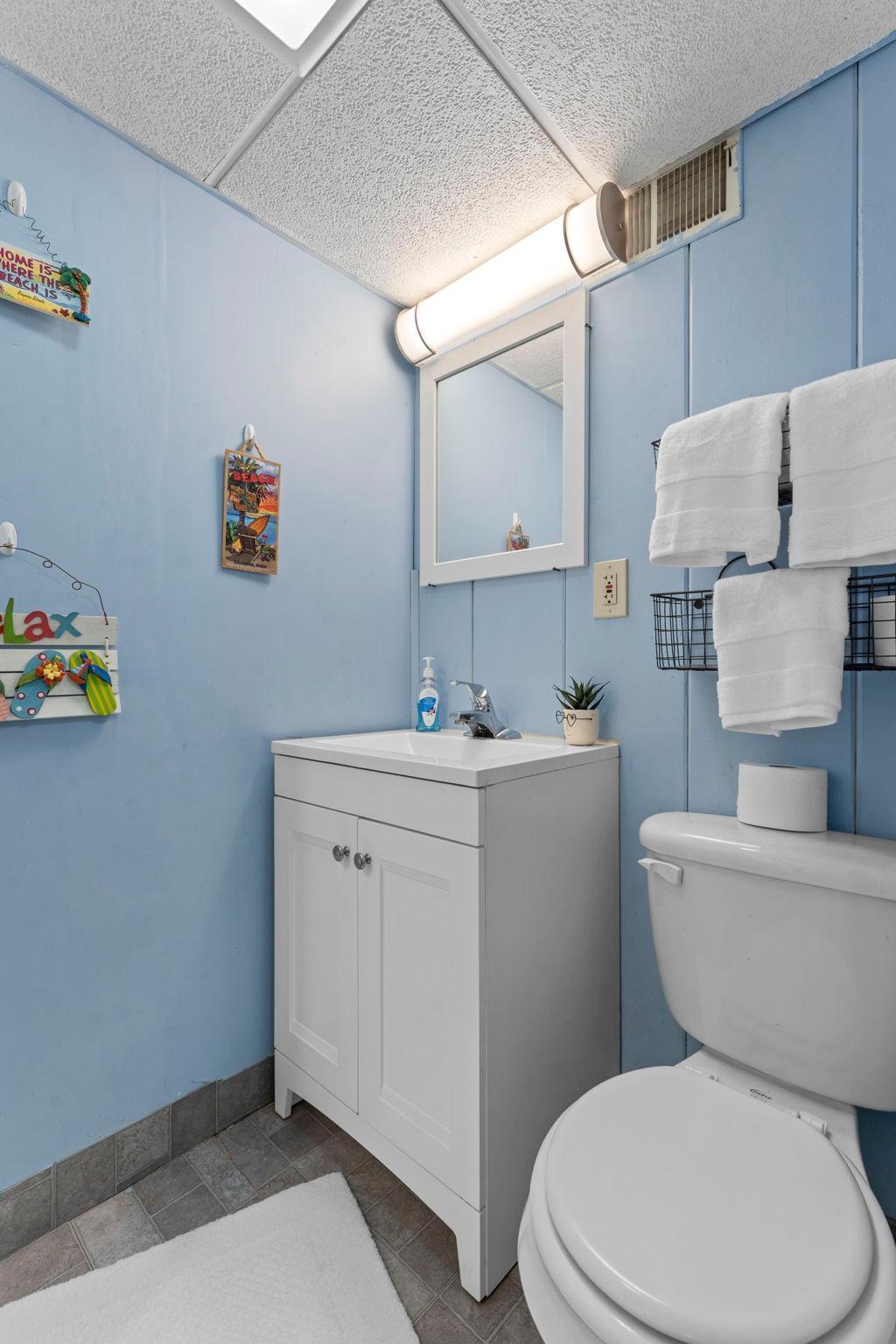 The lower level three-quarter bathroom includes a single vanity and walk-in shower.