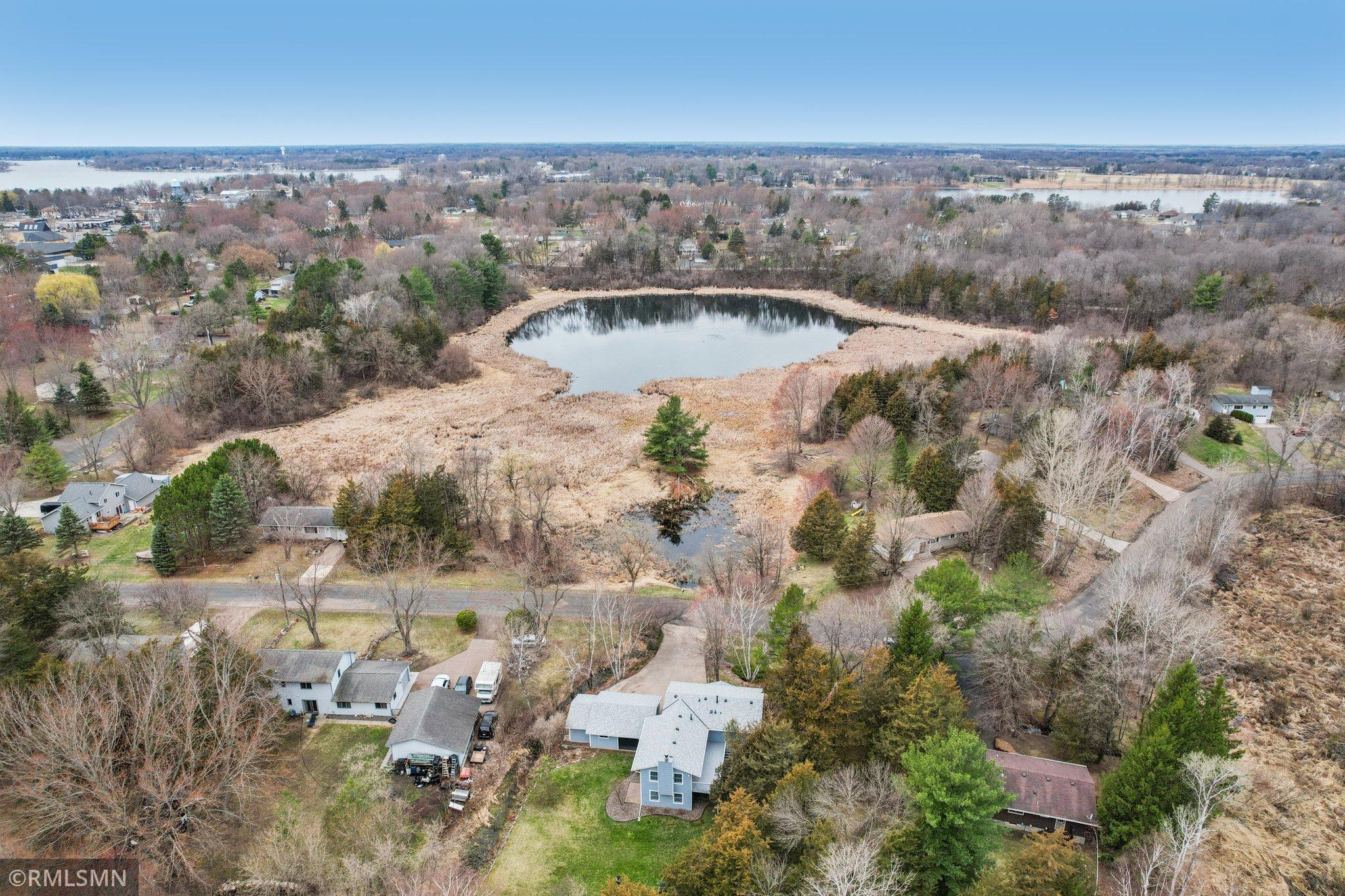 Aerial view of the pond across the street-the smaller pond in front is owned by the City.