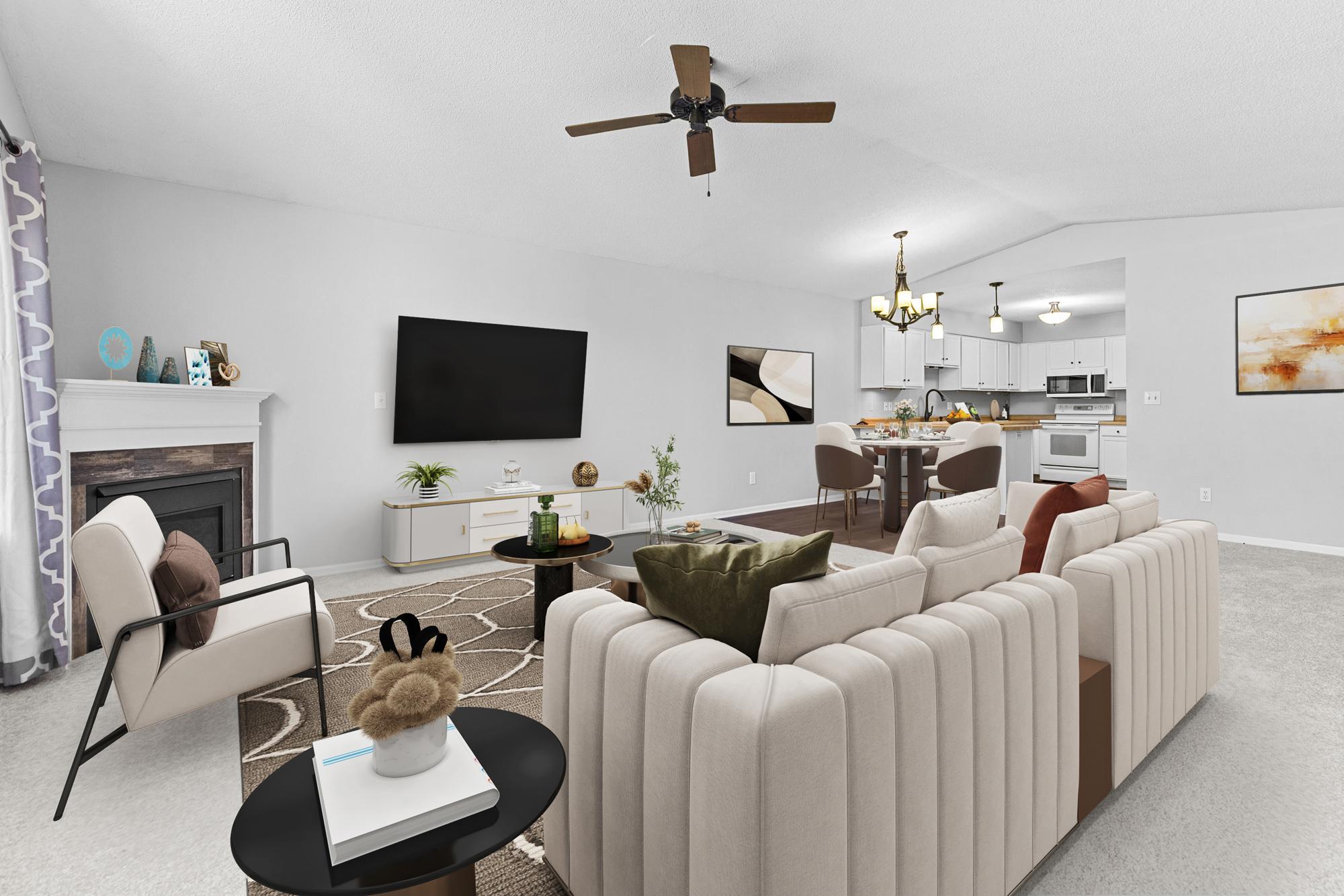 Living room, dining and kitchen areas. Virtually staged with possible furniture arrangement.