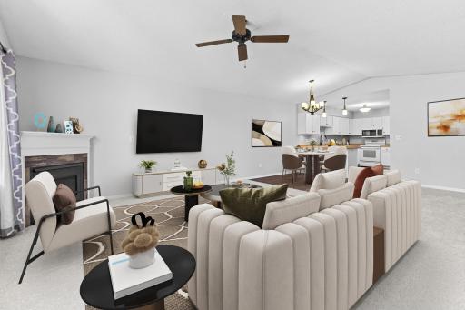 Living room, dining and kitchen areas. Virtually staged with possible furniture arrangement.