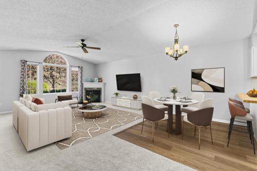 Dining/ Living room. Virtually staged with possible arrangement of furniture.