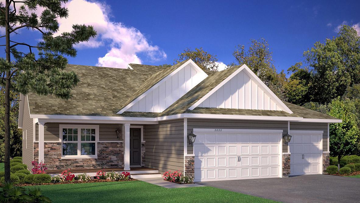 Artists Rendering of the Finnegan Heartland Cottage with optional stone. Photo is of a similar home. Options and colors may vary. Ask Sales Agent for details.