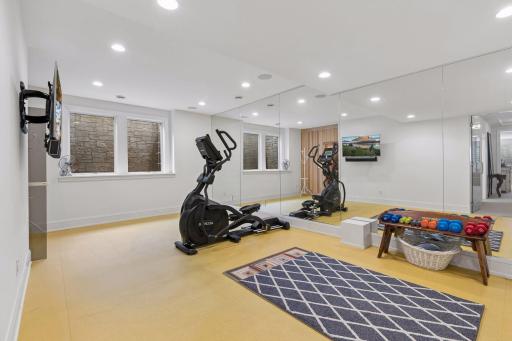 Lower level exercise room with mirrored wall