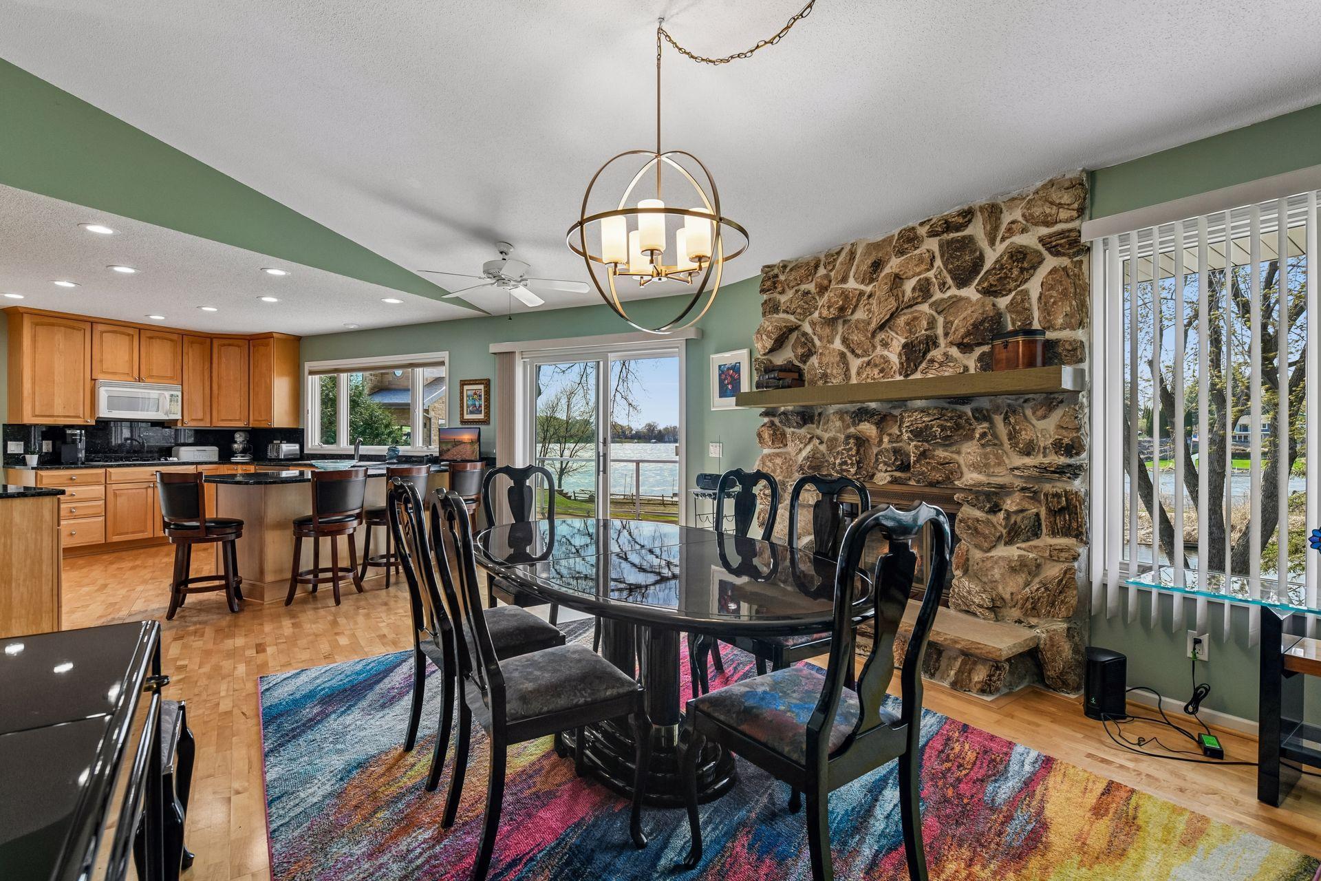 Stone wood burning fireplace