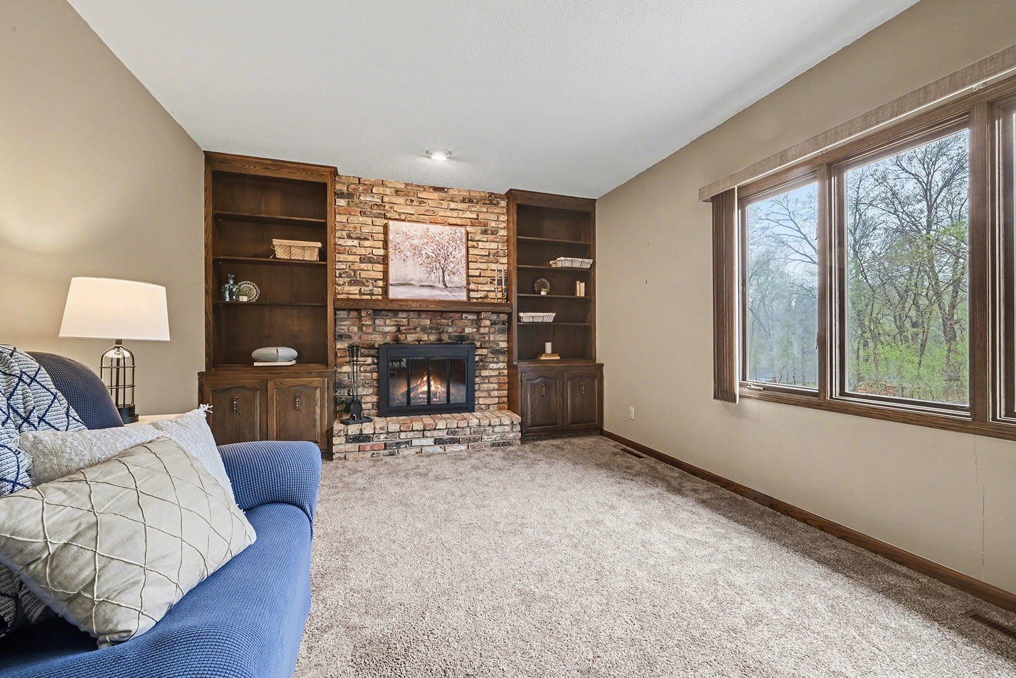 Family room wood burning fireplace