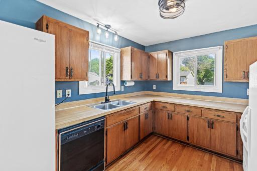 Updating lighting and dual windows create an open and bright space for everyday cooking.