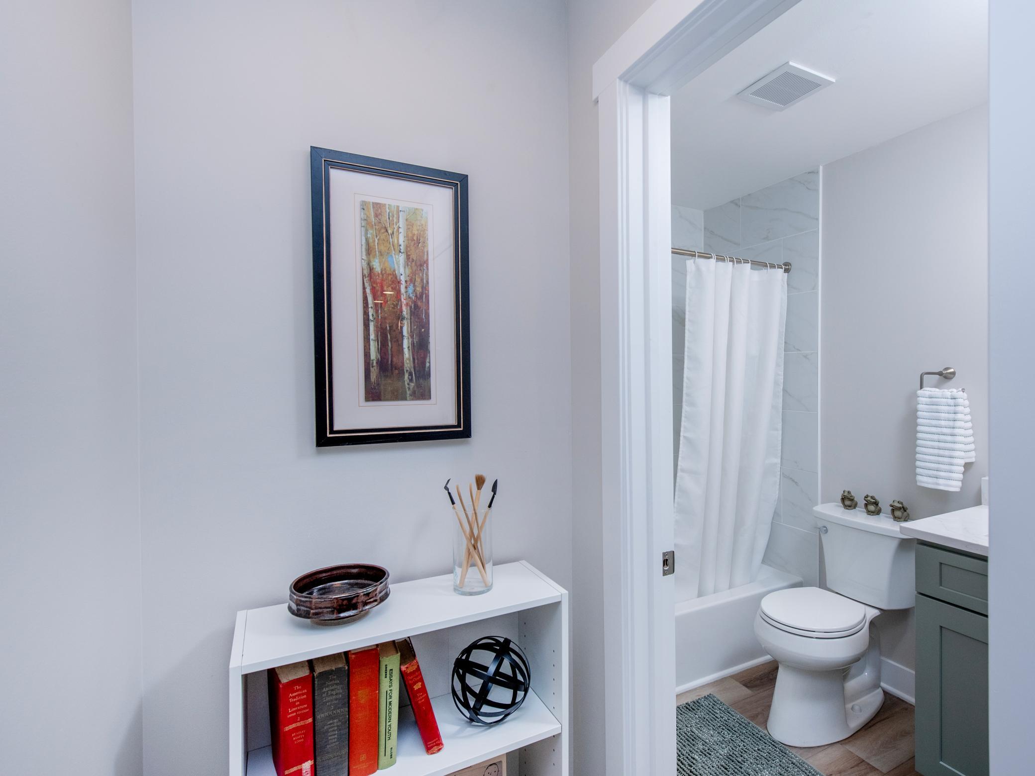 Porcelain floor in newly remodeled bathroom