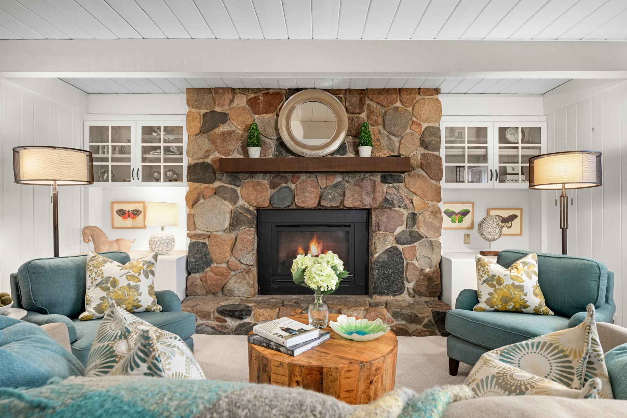 Stone hearth on fireplace