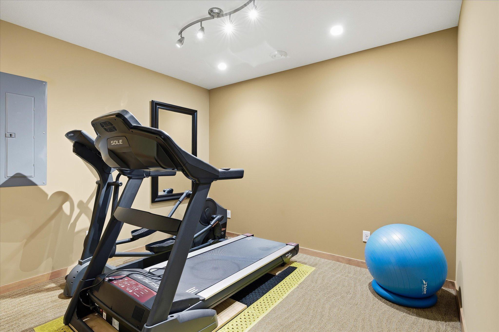 Featured in the lower level workout room is a cedar closet.
