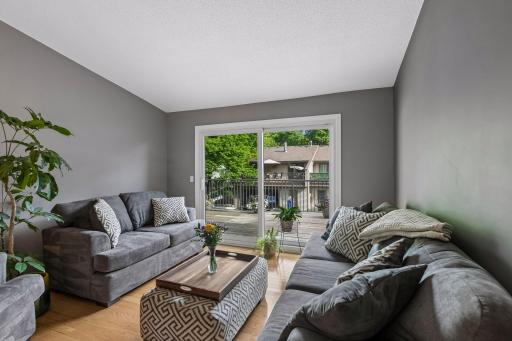 Living room and adjacent deck, great for lounging and entertaining.