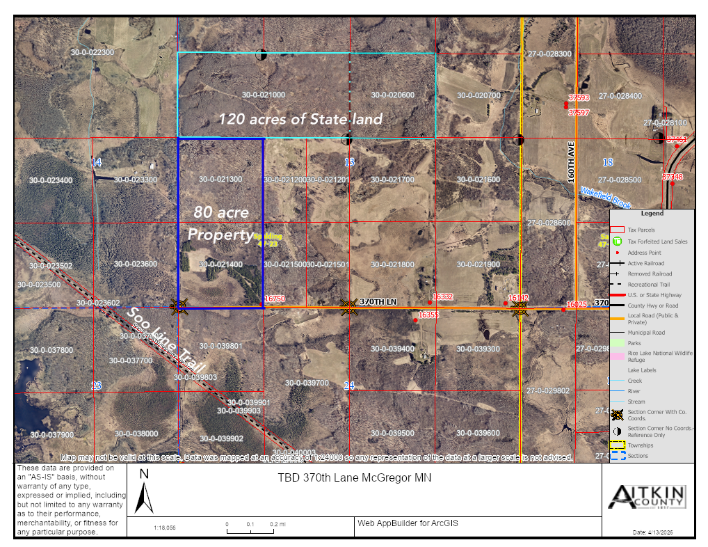Property Map with Soo Line Trail to the south and 120 acres of state land to the north