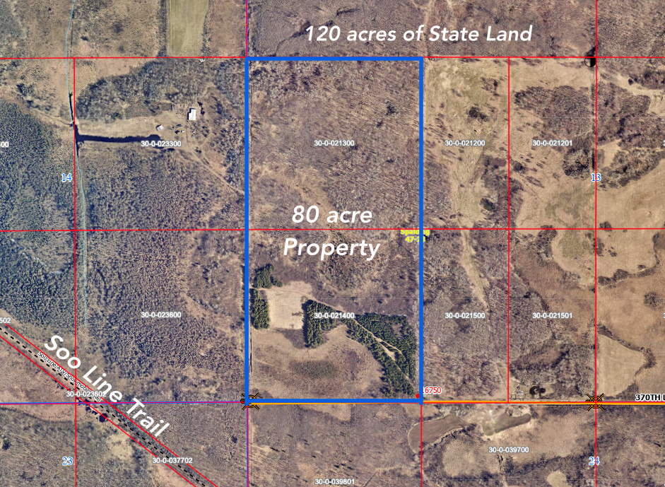 Property Map with Soo Line Trail to the south and 120 acres of state land to the north