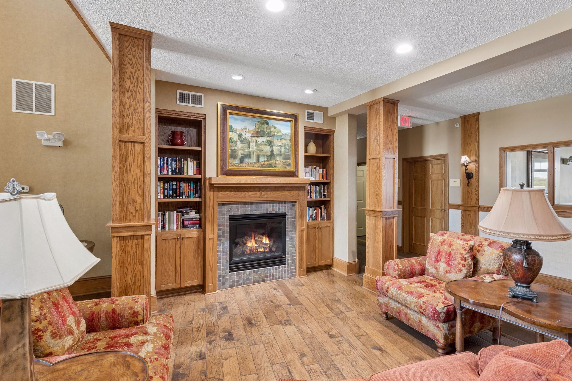Front lobby has cozy fireplace area