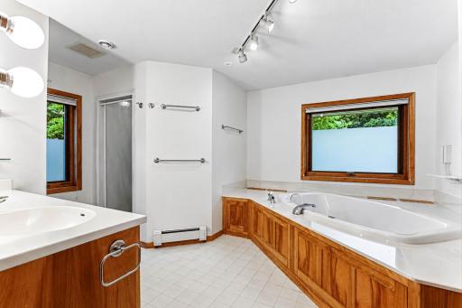 Spacious primary bath en-suite on the upper level with separate jetted tub and shower.