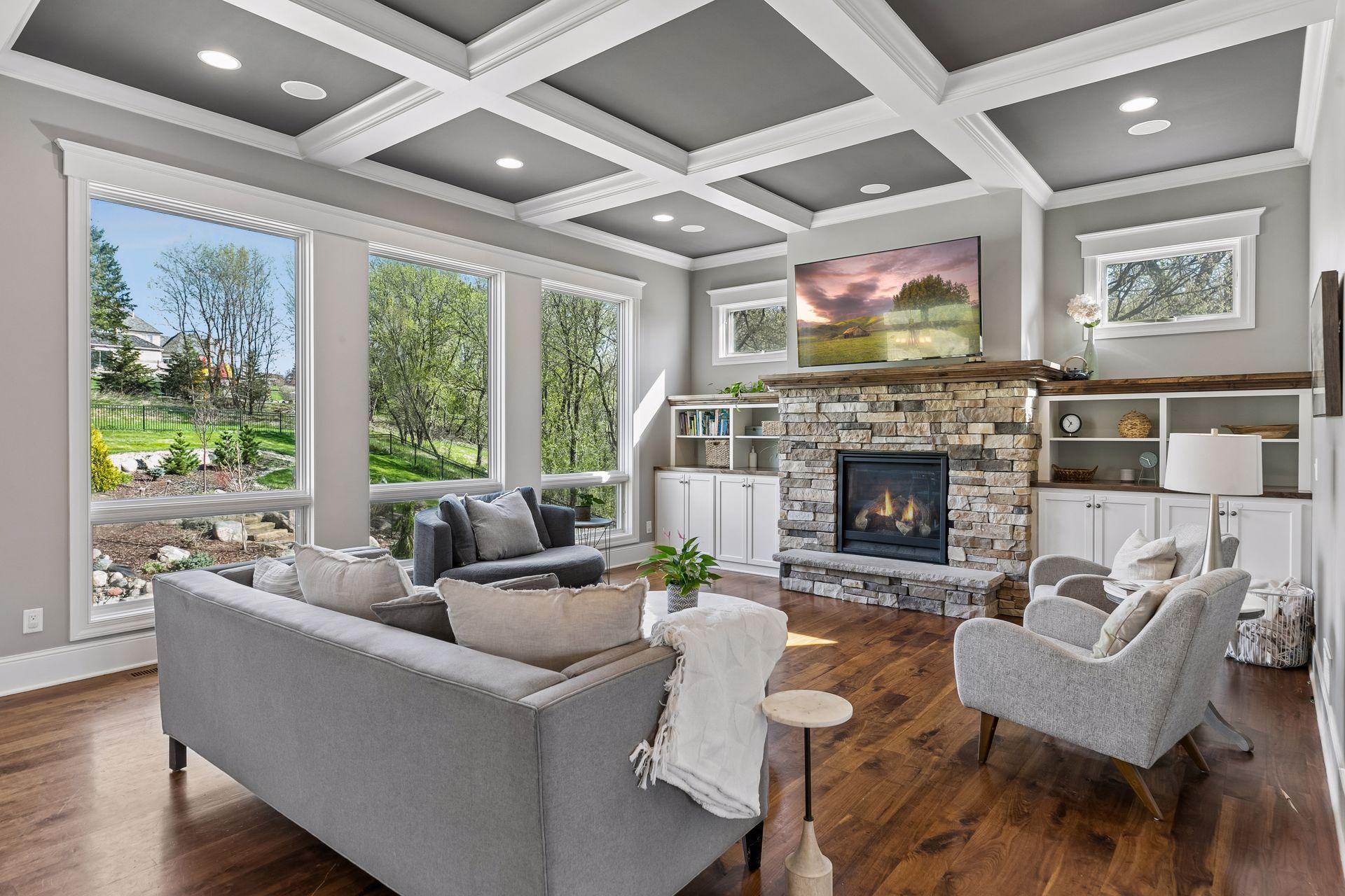 Spacious living room with custom built ins