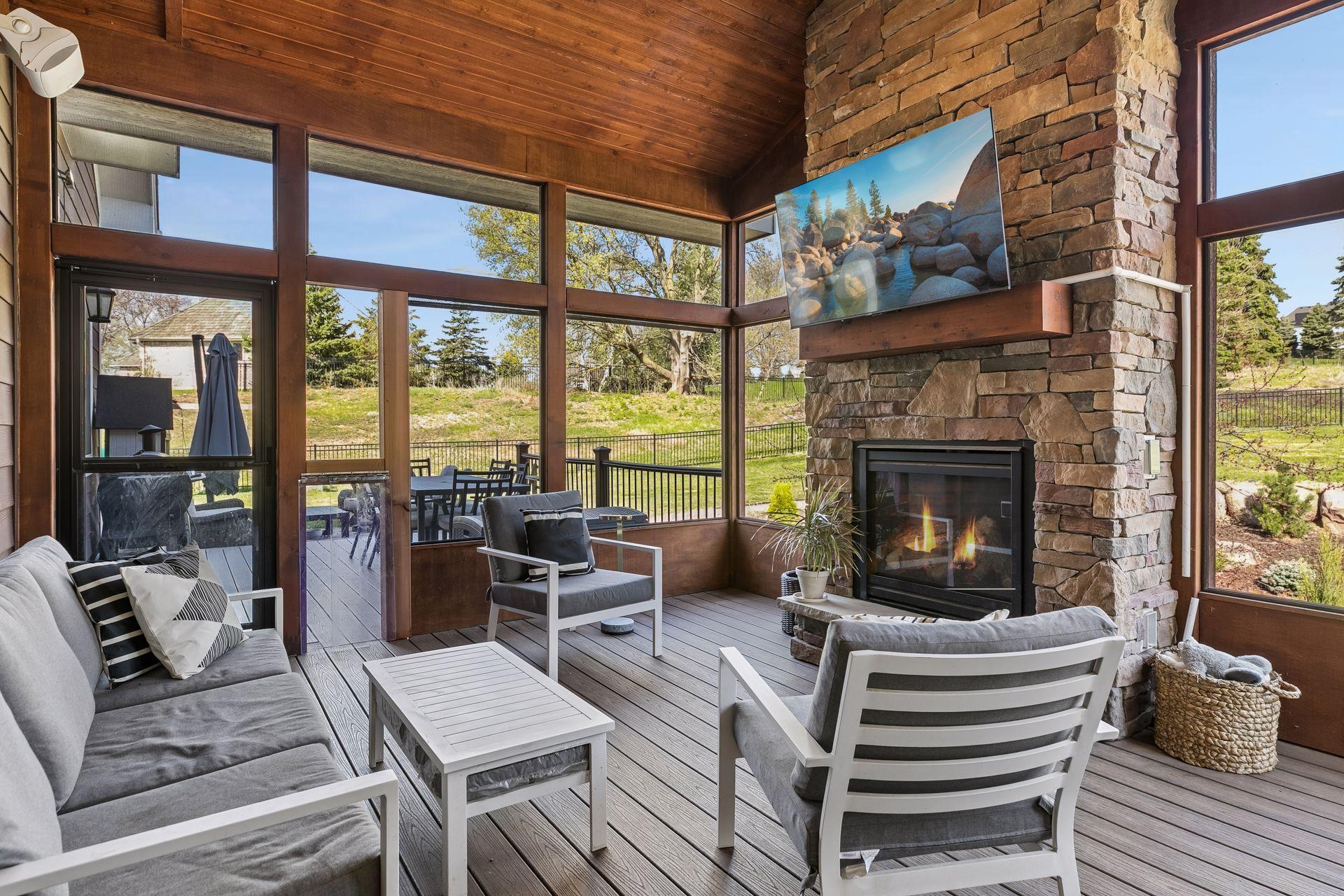 3 season porch with gas fireplace