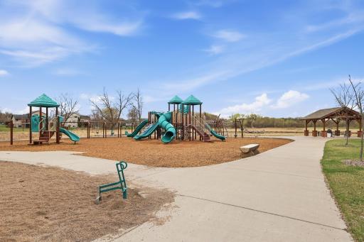 Park area near home with covered picnic seating.