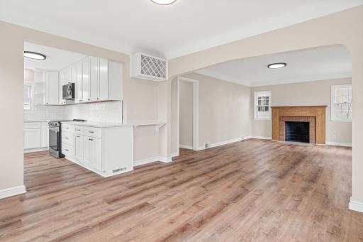 Open floor plan, kitchen living & dining rooms