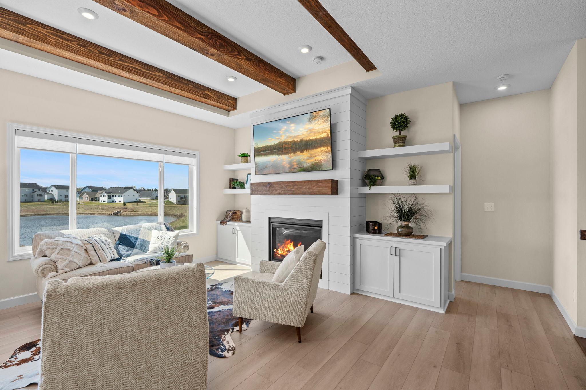 Gorgeous wood beams in living room and bedroom