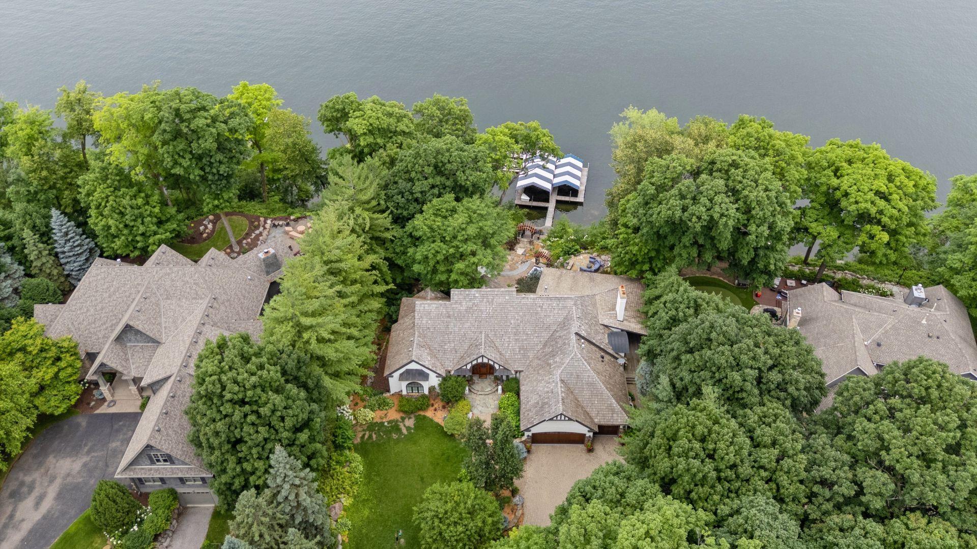 Aerial look from above the property over the dock area.