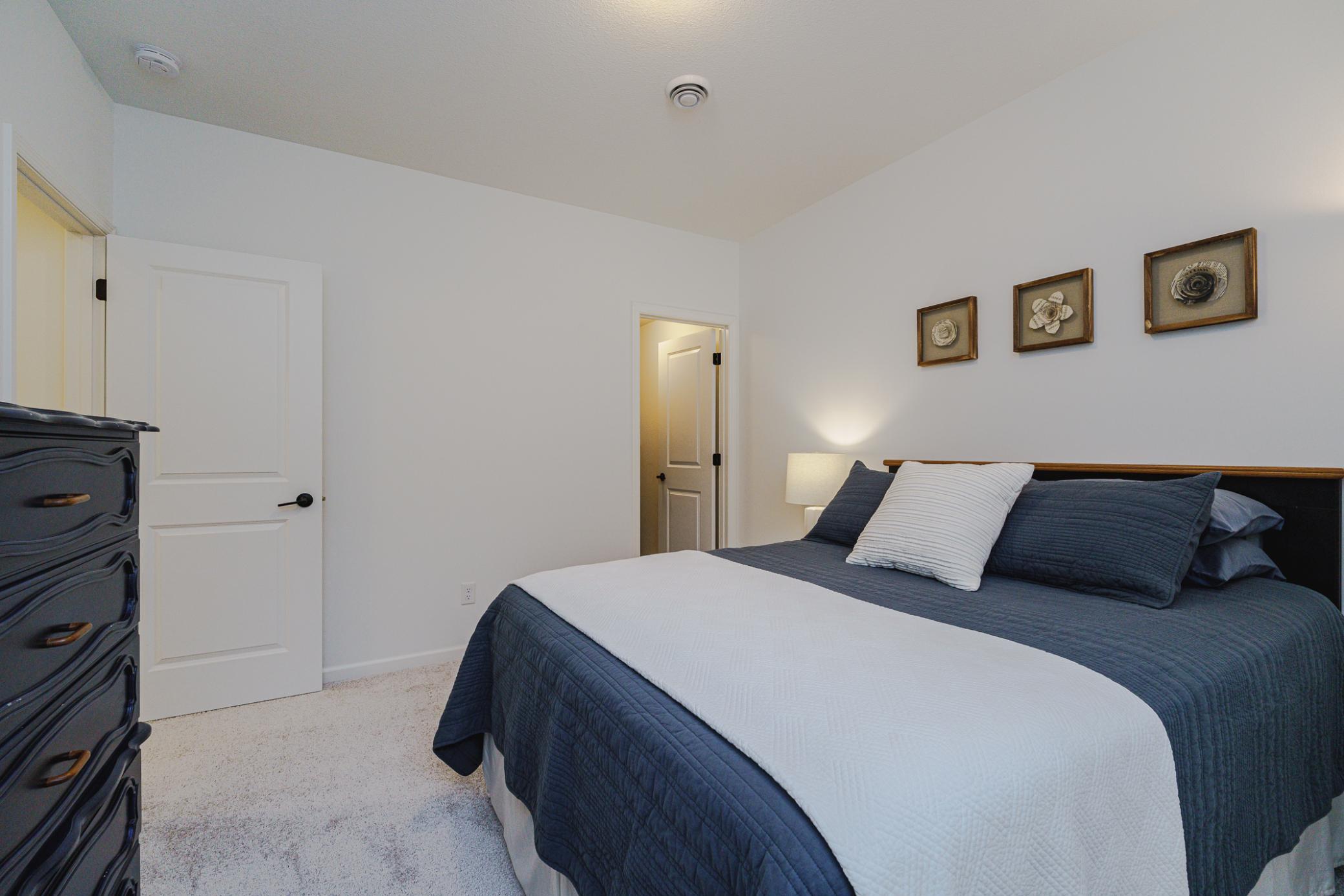 The lower level bedroom has 9-foot ceilings, a walk-in closet and an egress window. This bedroom has white doors.