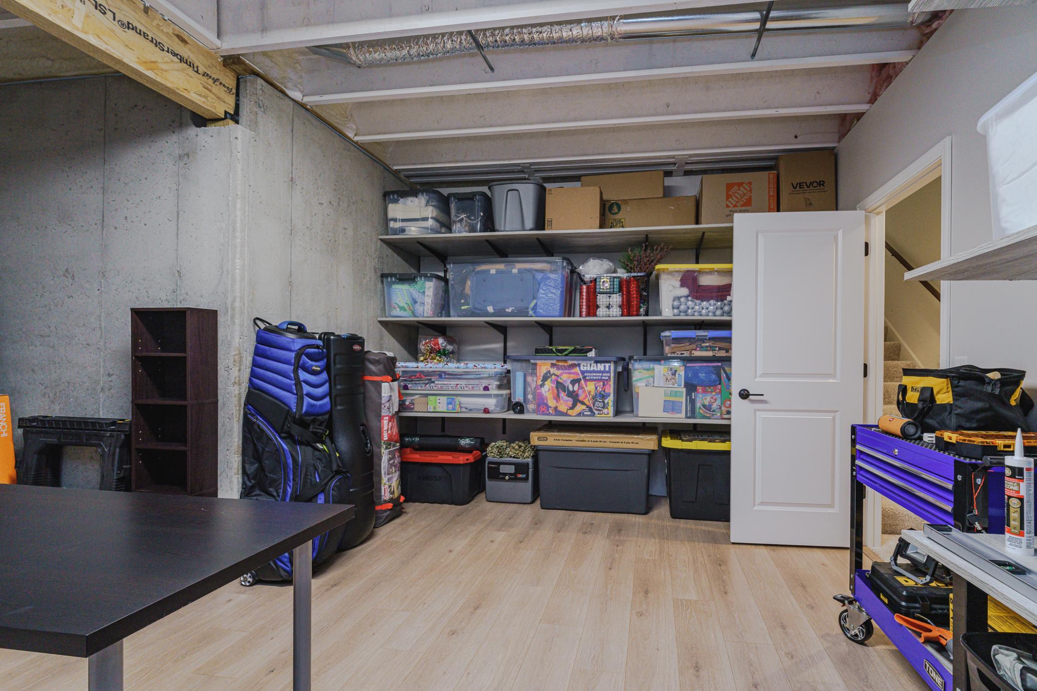 The storage room has a finished floor, so it looks and feels clean.